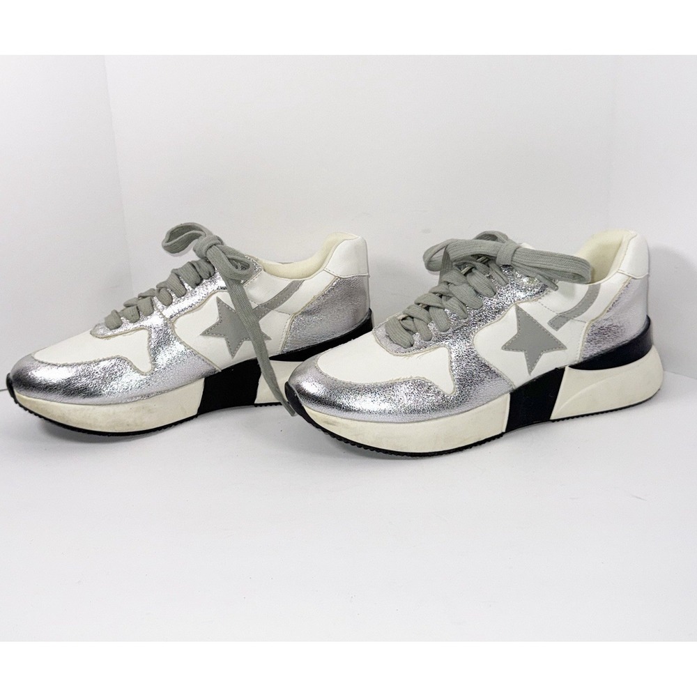 Shu Shop Patricia Sneaker‎ Metallic Silver Star Black Sporty Preppy Size 6.5